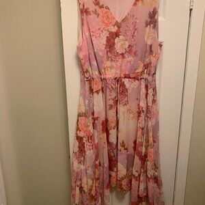 Laura Plus Pink Floral Chiffon Midi Dress Open Shoulder Asymmetric Hem Sz 18